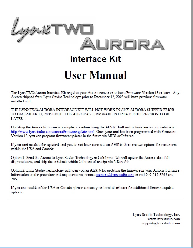 Lynx Client Test Guide.pdf LynxTWO/Aurora Interface Kit User's Manual - Downloads - Lynx Studio ...